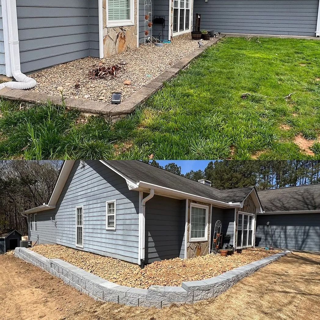 Top: Before and after view of a house's landscaping. Bottom: House with rock beds and retaining wall.