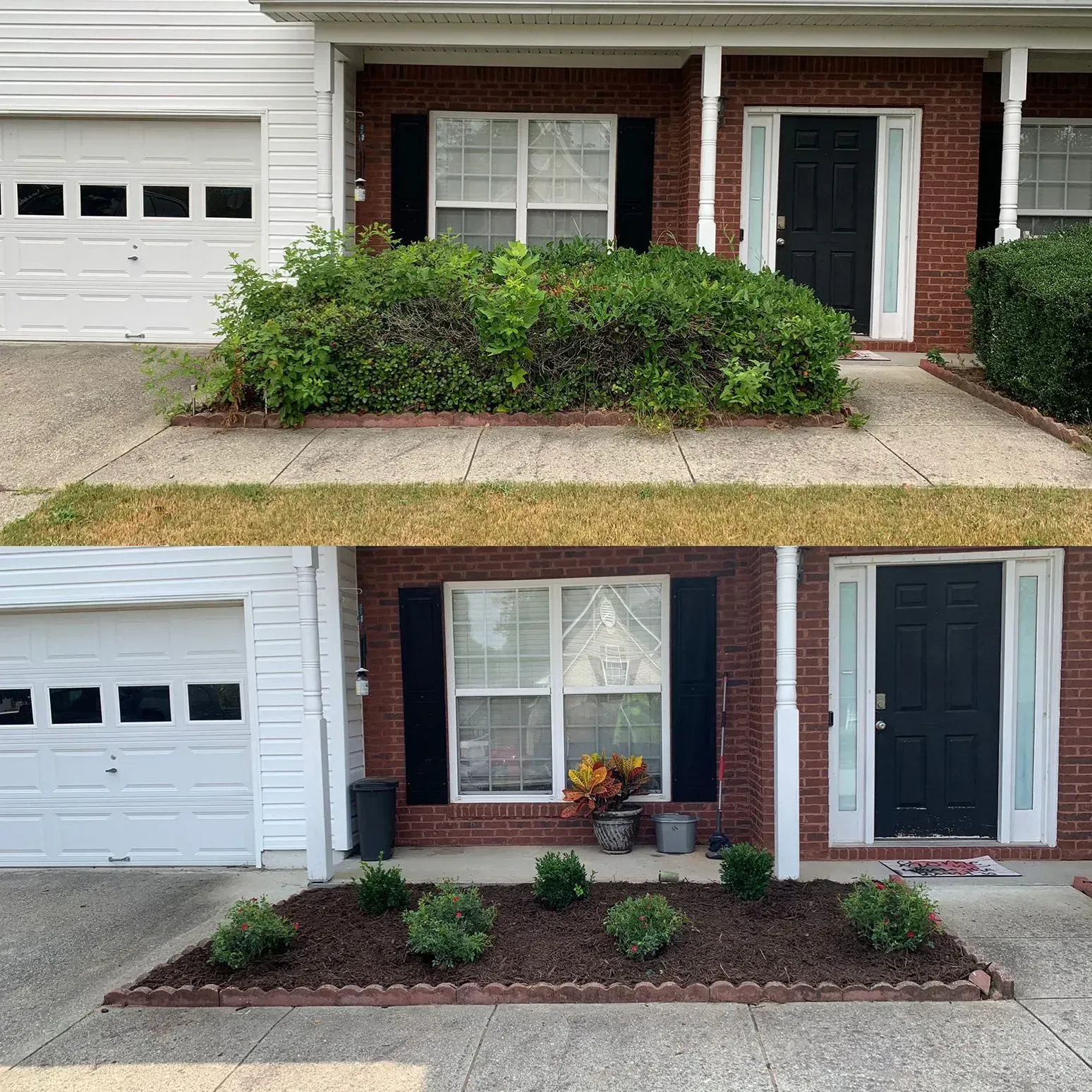 Before and after of a home's landscaping. Top: overgrown bushes. Bottom: trimmed bushes, new mulch, small plants.