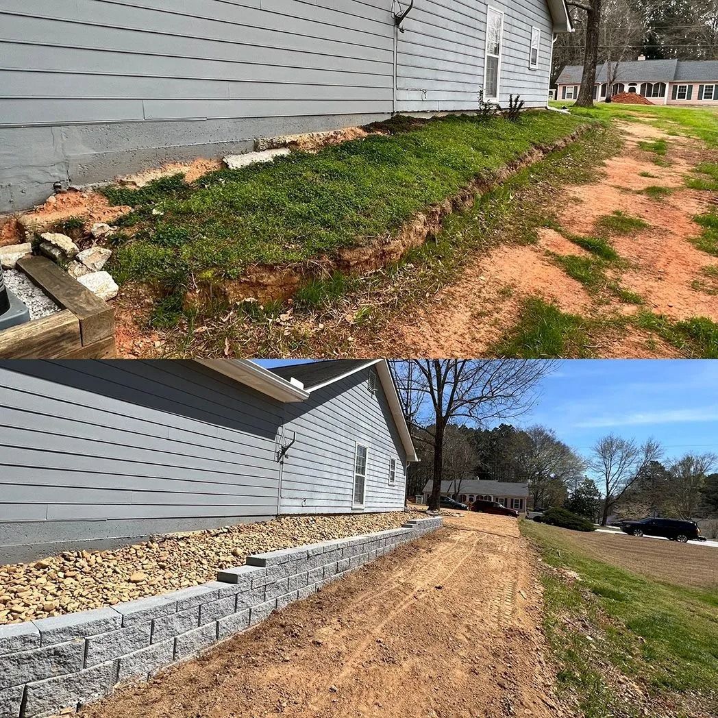 Top half: Before photo of a house with overgrown landscaping. Bottom half: After photo with a retaining wall.
