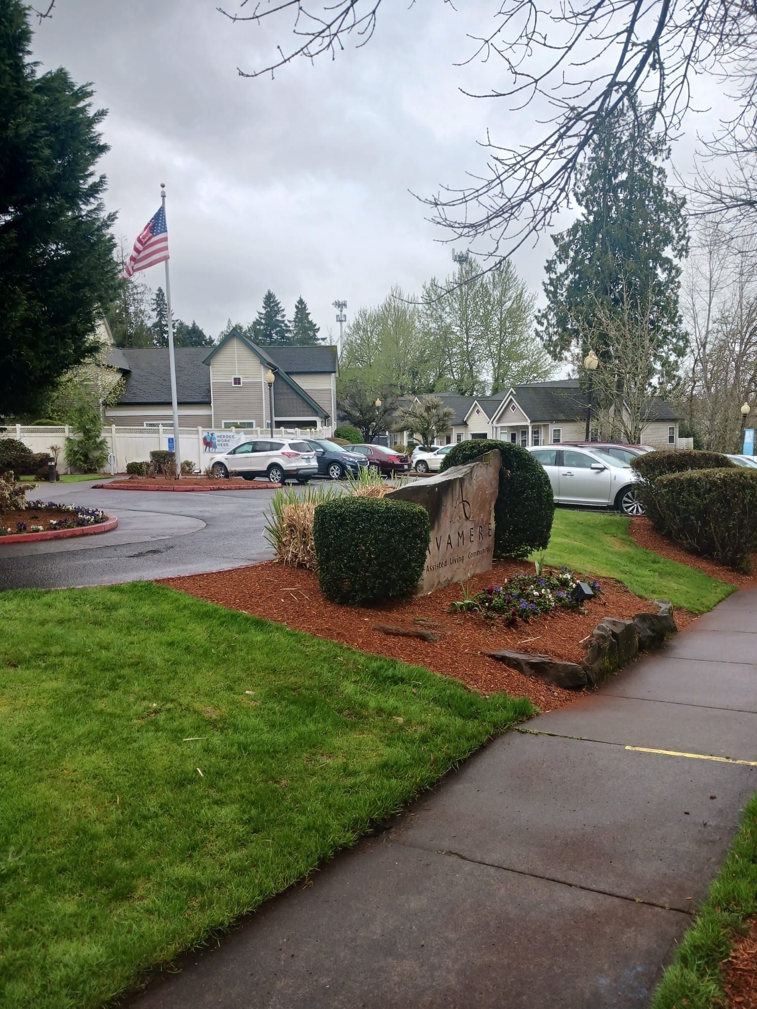 Residential area with American flag, cars parked, and green lawns on an overcast day.