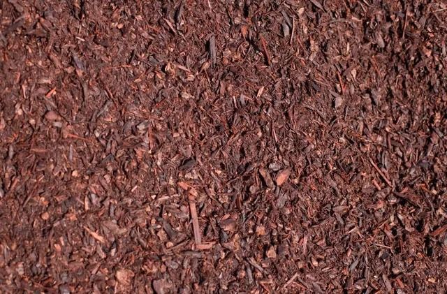 Close-up of dark brown mulch, textured and made of small wood pieces.