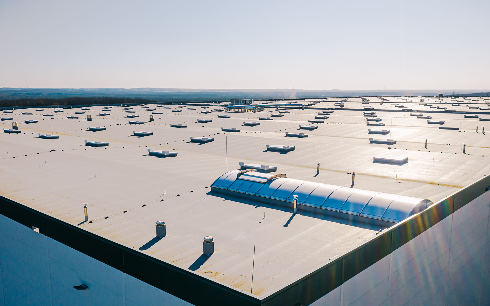 An aerial view of the roof of a large building.