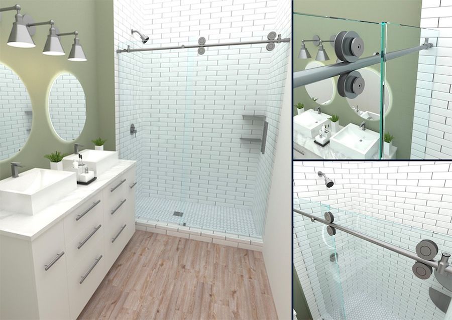 A bathroom with two sinks, a shower, and a sliding glass door.