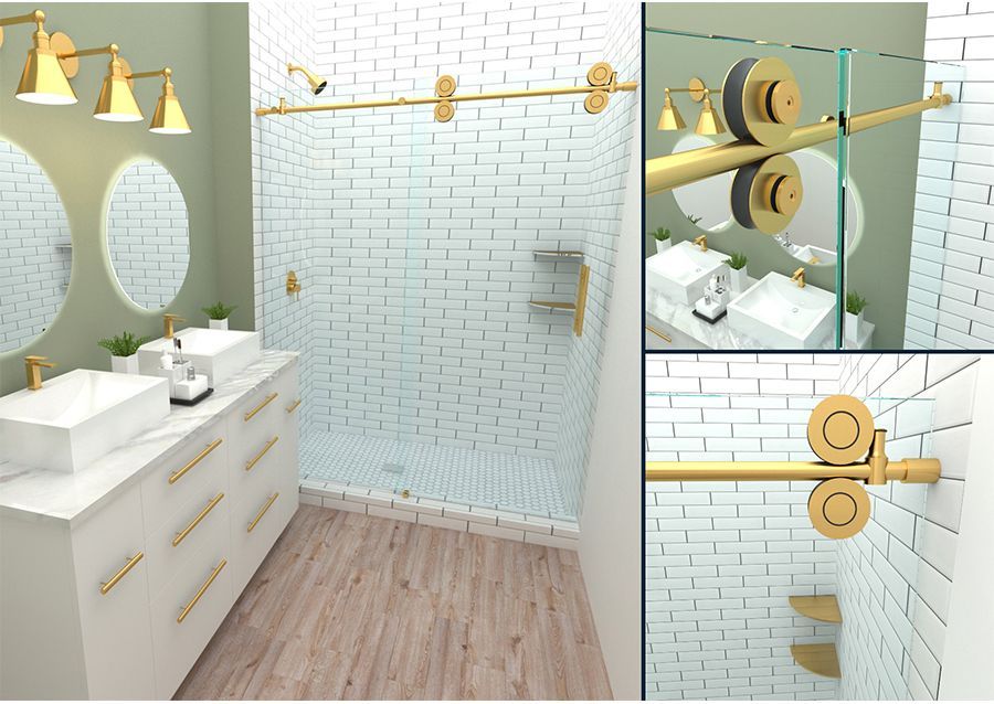 A bathroom with two sinks, a shower and a sliding glass door.