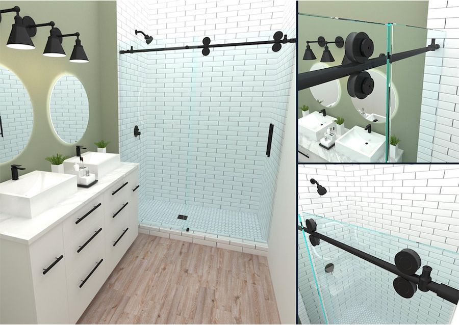 A bathroom with two sinks and a sliding glass shower door.