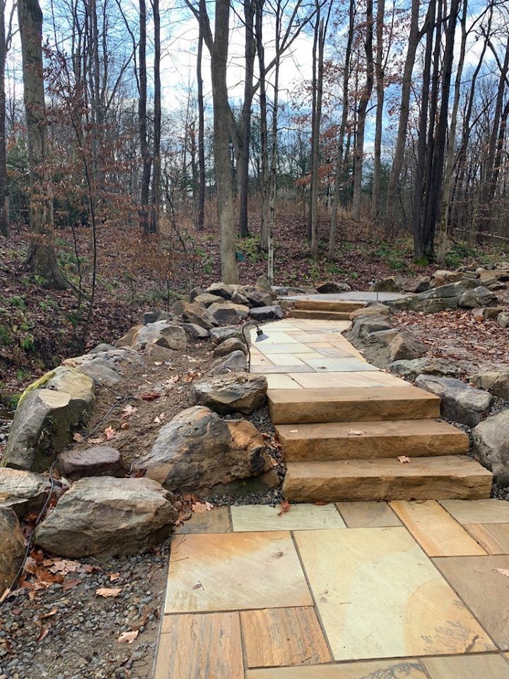 Stone path and steps leading into a wooded area with trees and large boulders.