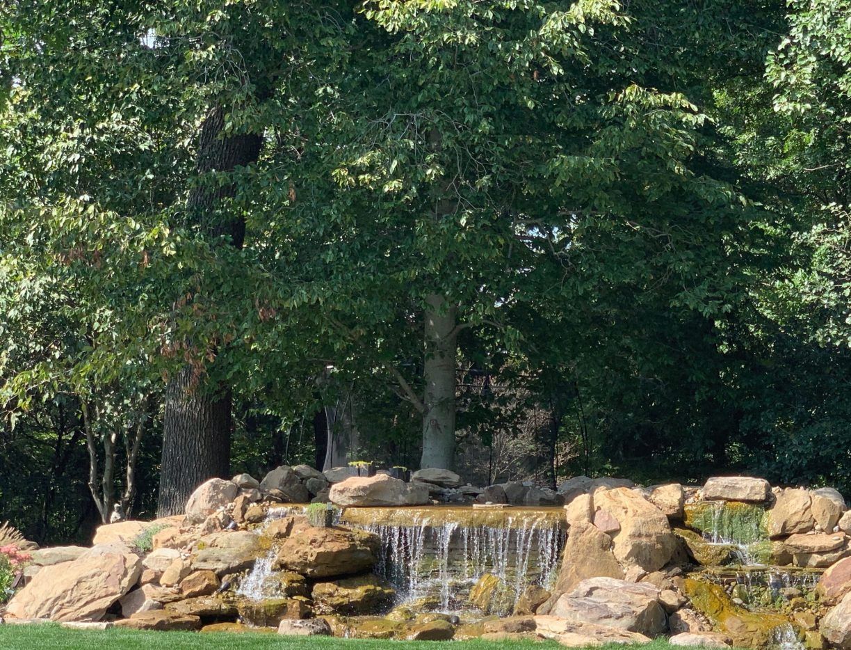 Waterfall cascading over rocks, with trees in the background under a bright sky.