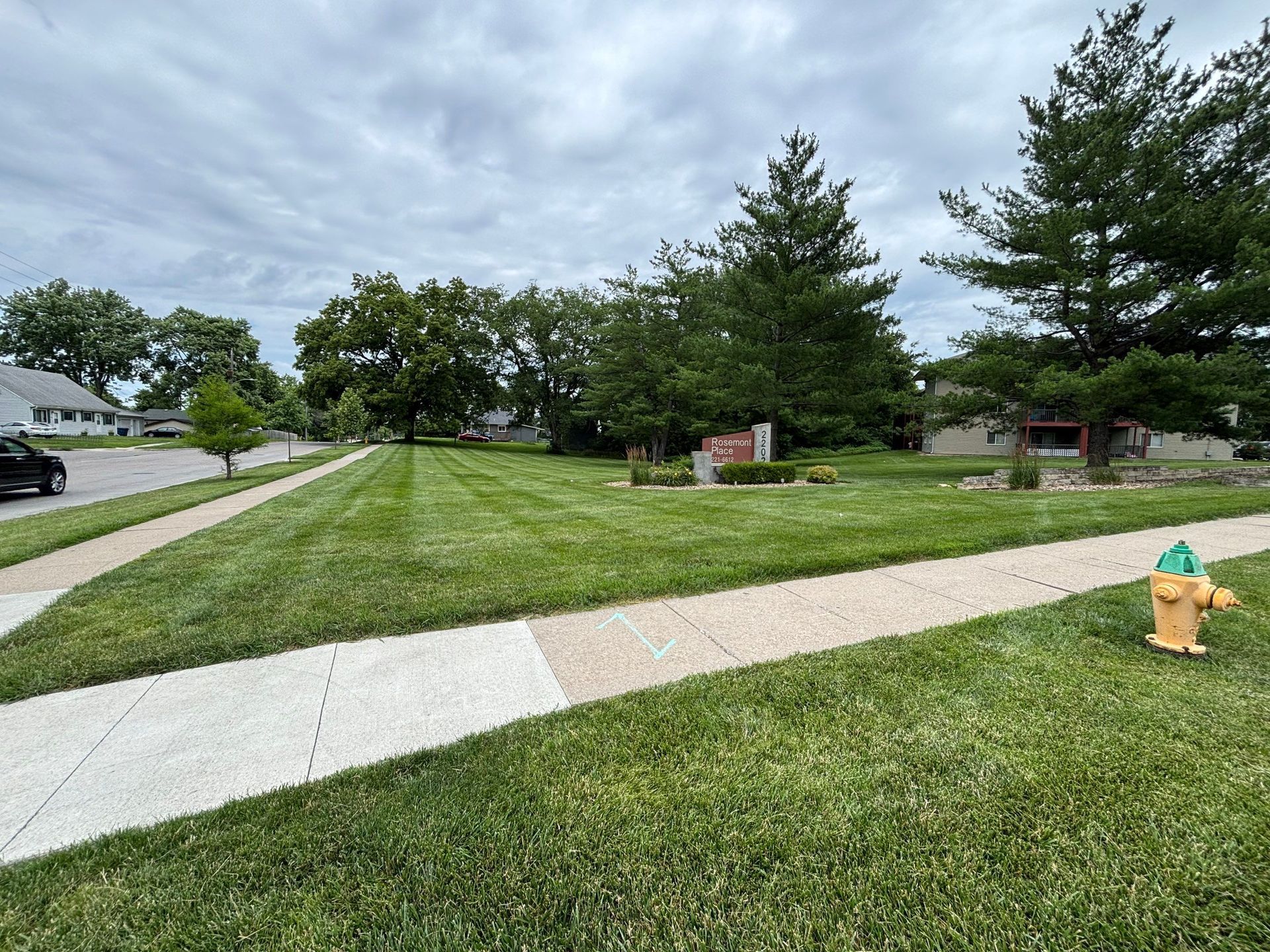 Suburban sidewalk and grassy corner with trees, overcast sky, and a yellow fire hydrant near the curb