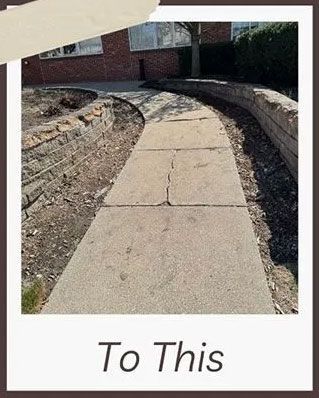 Cracked concrete sidewalk curves between low retaining walls with dirt and landscaping.