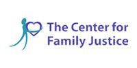 Logo for The Center for Family Justice: a teal figure holding a heart shape, with text to the right in blue.
