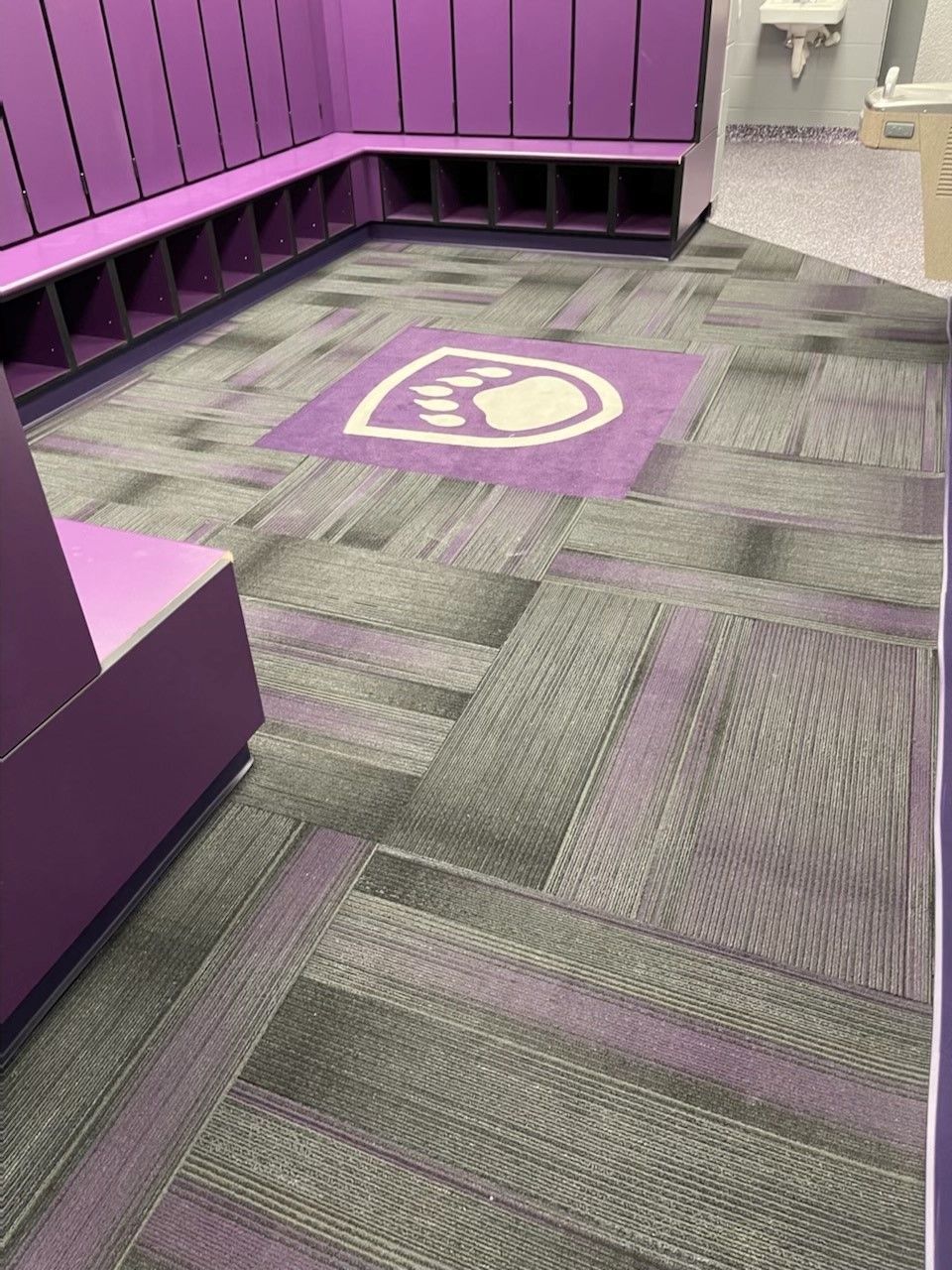A locker room with purple lockers and a purple rug on the floor.