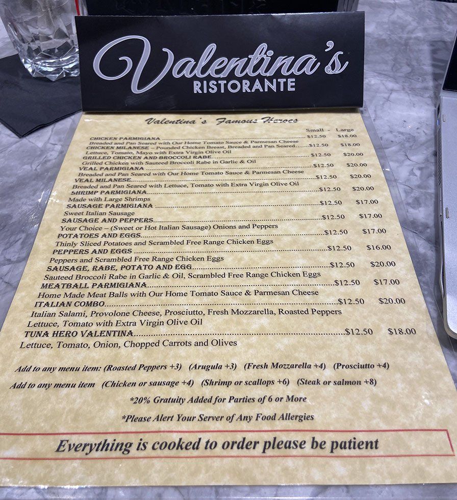 Valentina's Restorante Menu