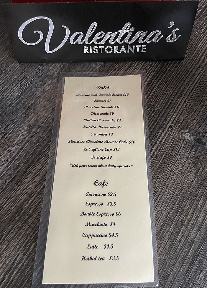 Valentina's Restorante Menu