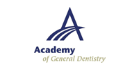 The logo for the academy of general dentistry is blue and white.