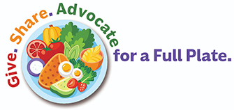 Colorful illustration of a plate filled with food, with text: Give. Share. Advocate for a Full Plate.