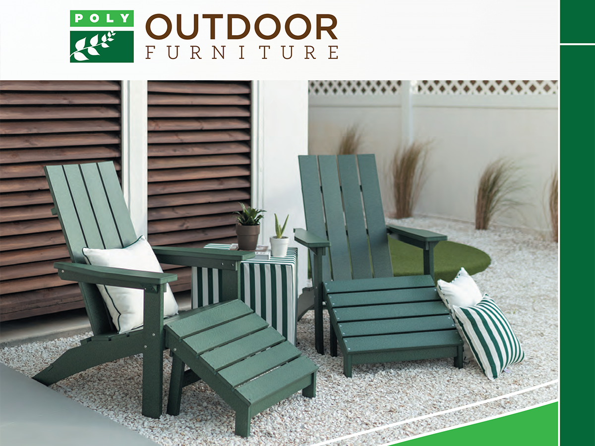 A brochure for poly outdoor furniture shows two chairs and a table