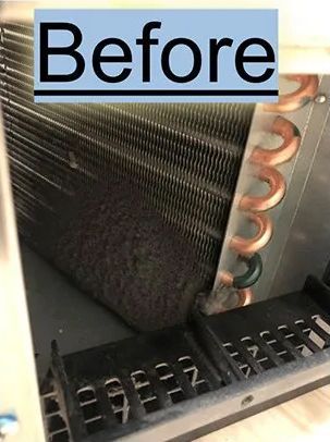 A dusty air conditioner coil labeled 