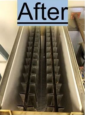 Inside view of a metallic industrial container with numerous angled, rectangular partitions, labeled 