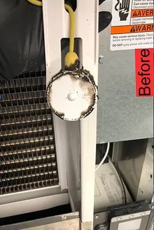 A damaged electrical connection on an ice machine, with a charred white part and yellow cord.