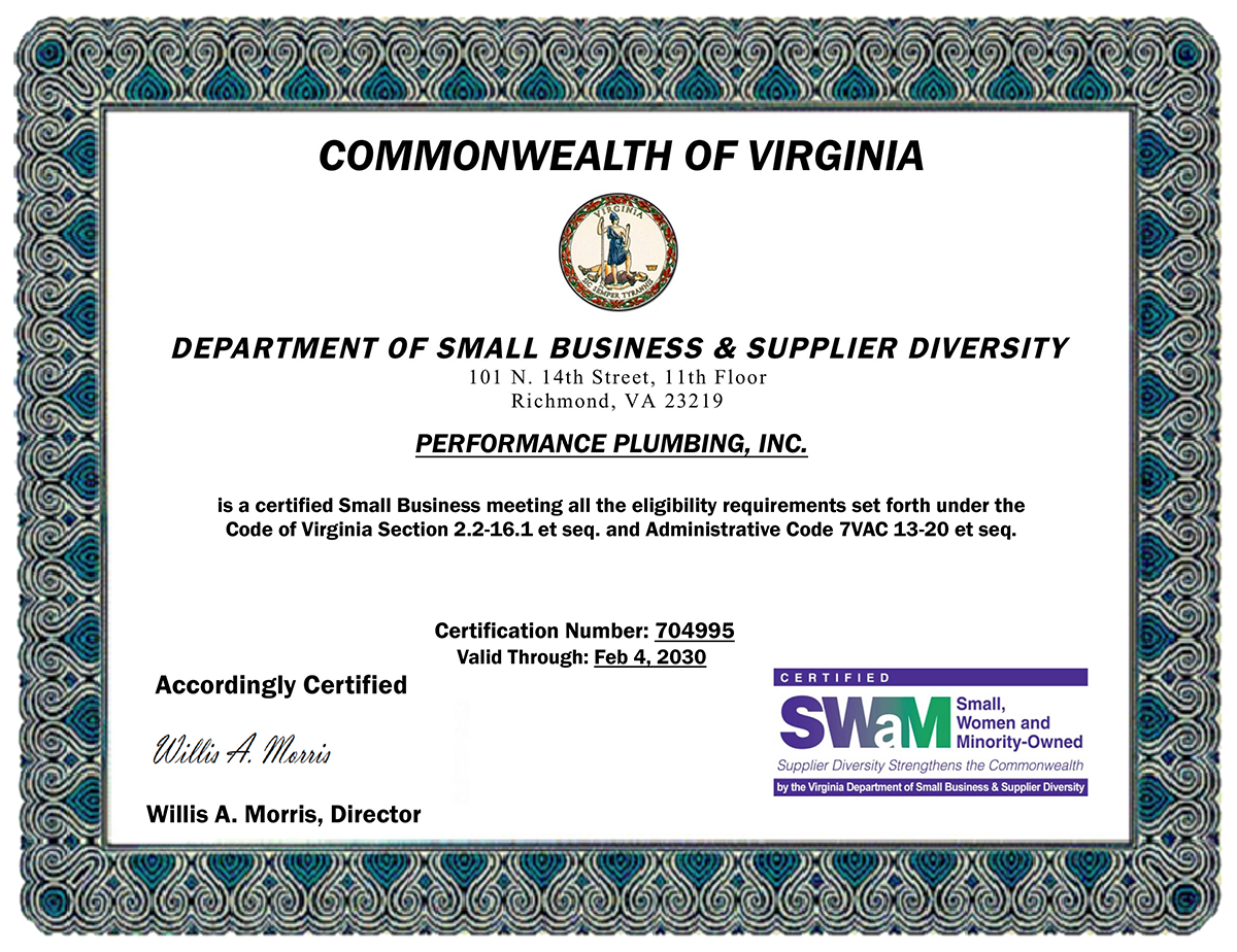 A certificate from the Commonwealth of Virginia Department of Small Business and Supplier Diversity