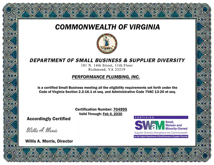 A certificate from the Commonwealth of Virginia Department of Small Business and Supplier Diversity