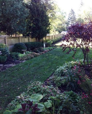 A well-manicured yard with a grassy path, surrounded by flower beds and trees, with a wooden fence in the background.