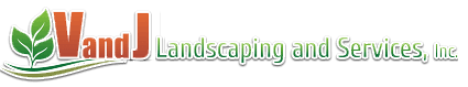 Logo for Van & J Landscaping and Services, Inc. featuring orange letters with green leaves.