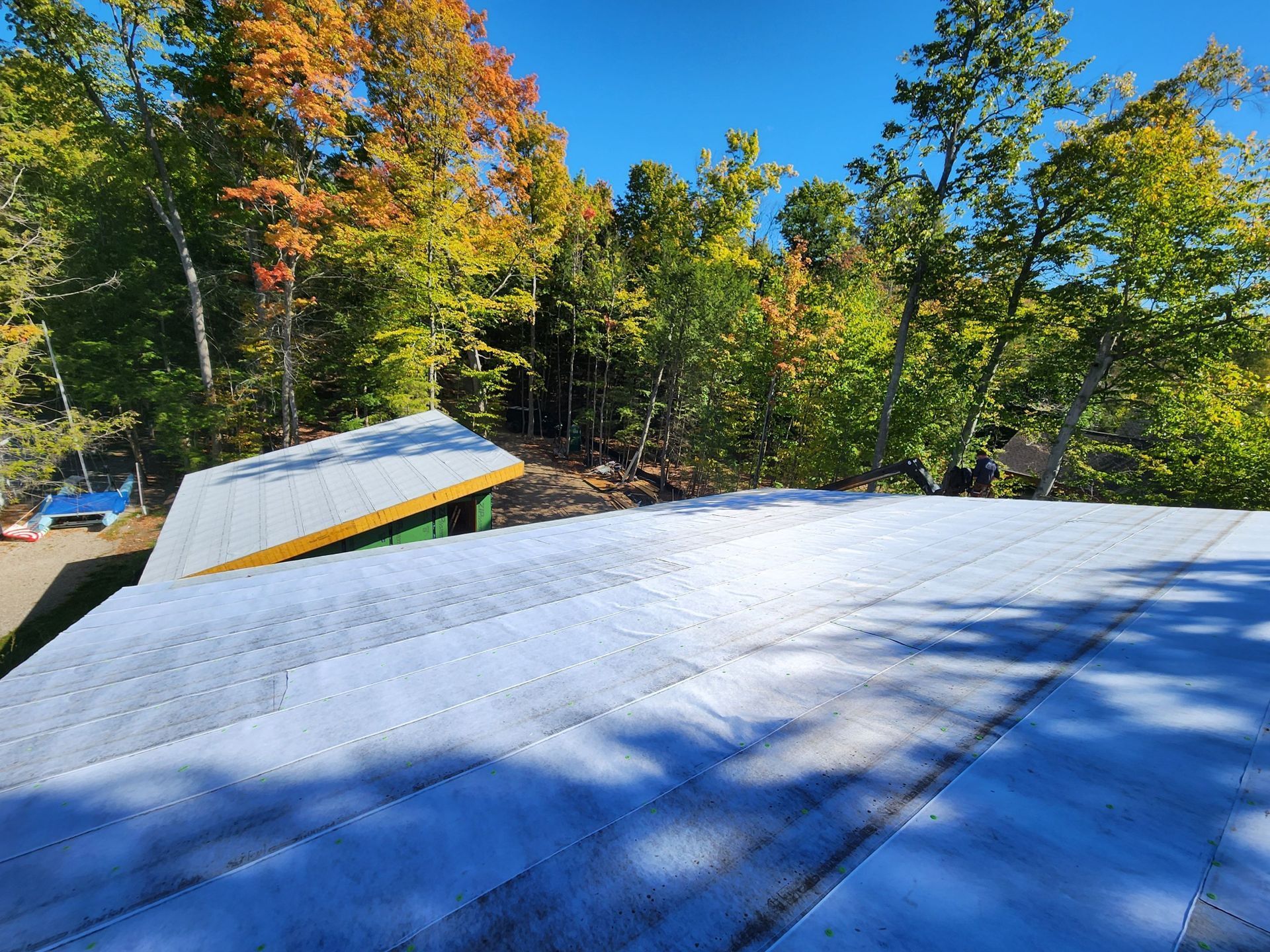 White metal roof, green and yellow trees in background under a blue sky on a sunny day.