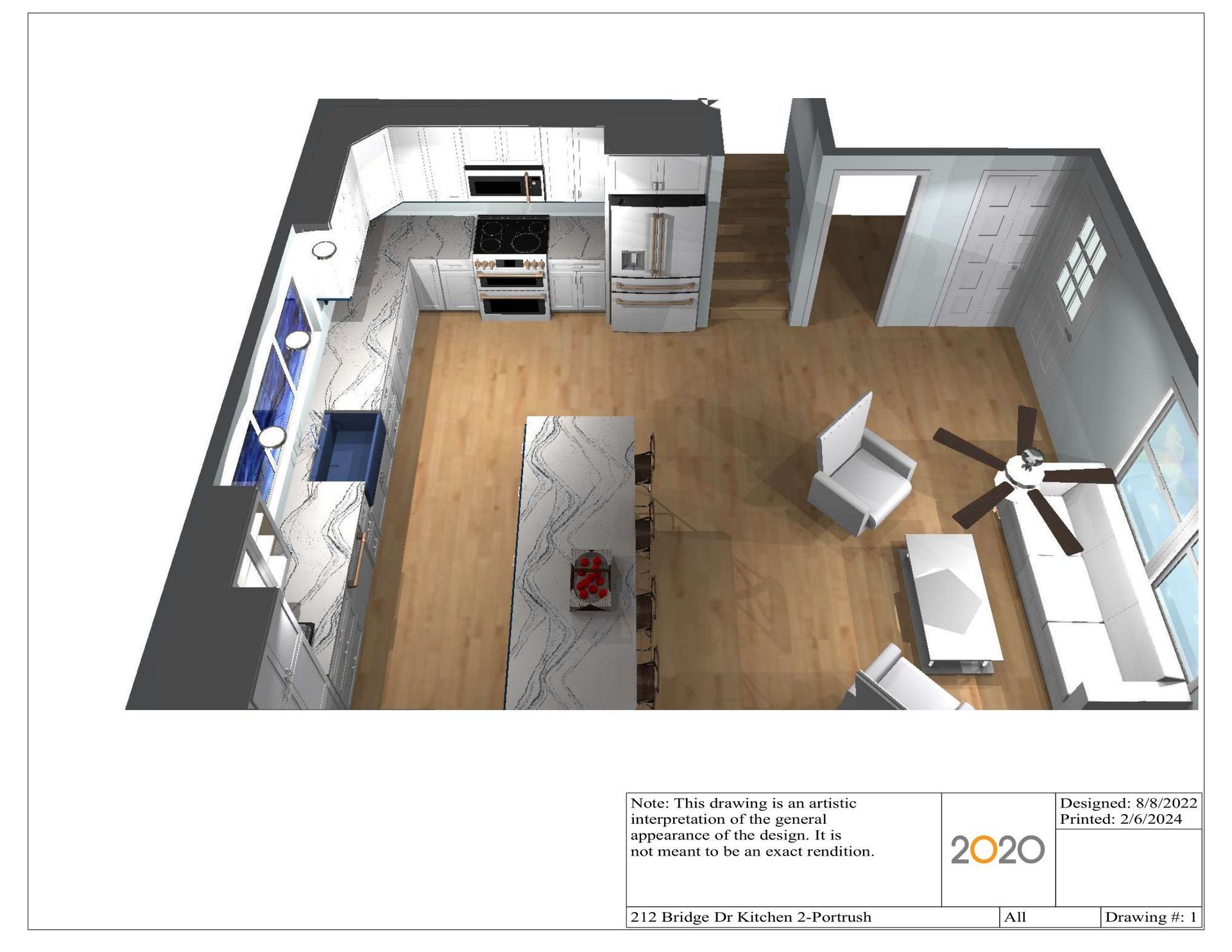 an aerial view of a kitchen and living room with a ceiling fan .