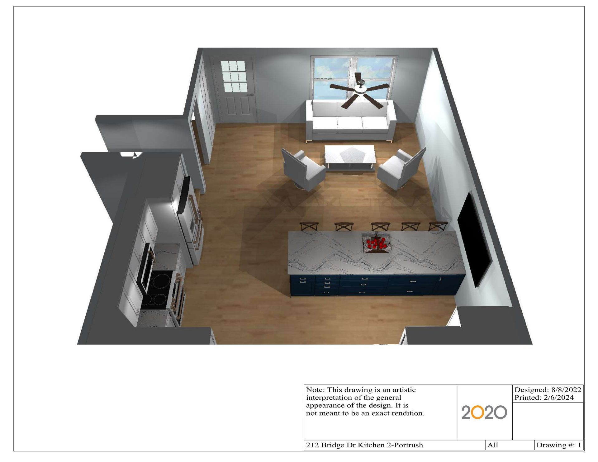 an aerial view of a living room with a ceiling fan
