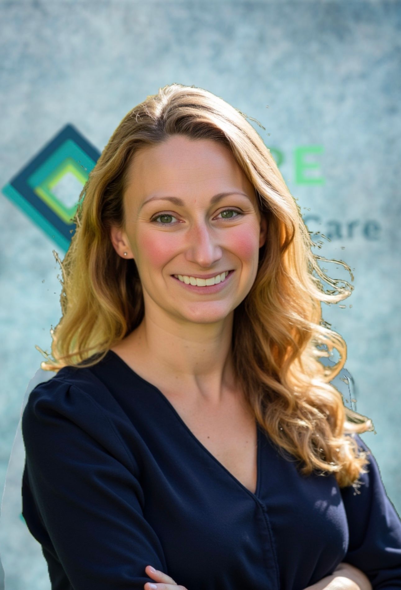 A woman in a blue shirt is smiling with her arms crossed.