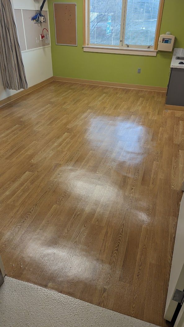 Empty room with glossy wood floor, green walls, and a window letting in daylight.