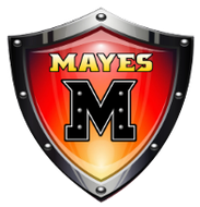 Shield with "MAYERS" on top and large "M" in center; red, orange, black, and silver color scheme.
