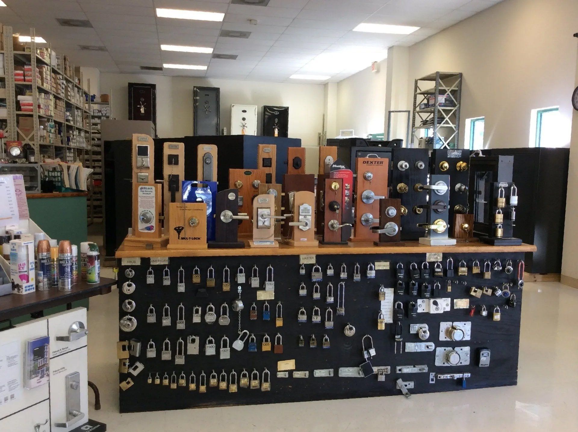 Store display of assorted dog collars and pet accessories on shelves and racks