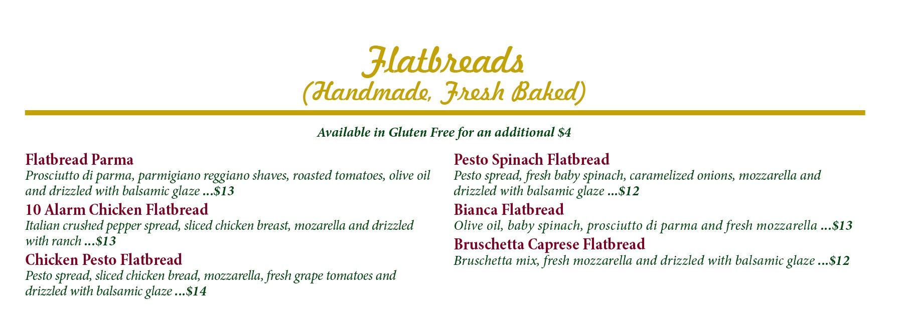A menu for flatbreads handcrafted fresh baked