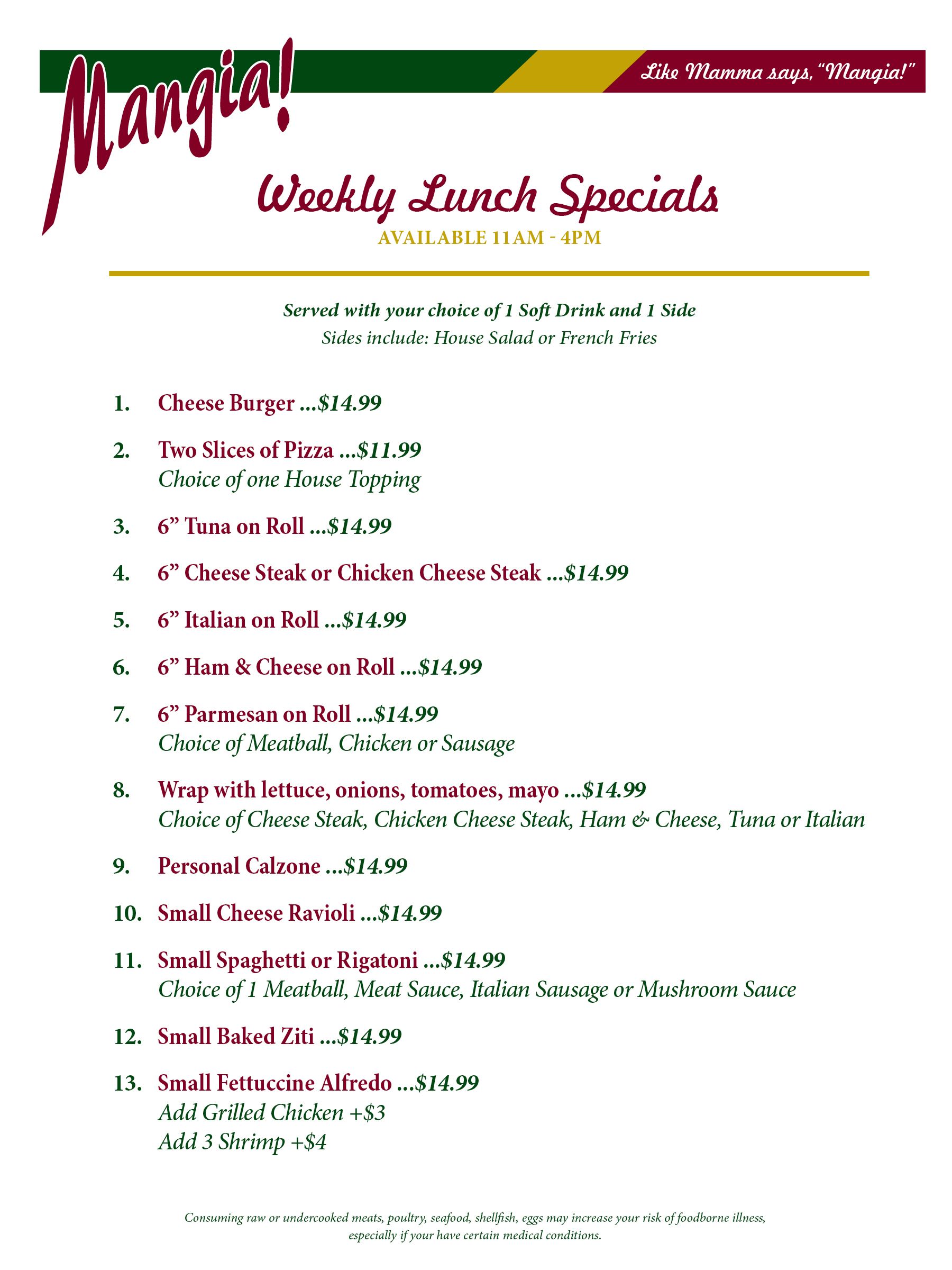 A menu for a restaurant that says weekly lunch specials