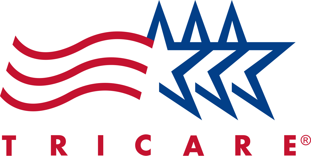 Logo for TRICARE. Features three red curved lines, and three blue stars. The word 