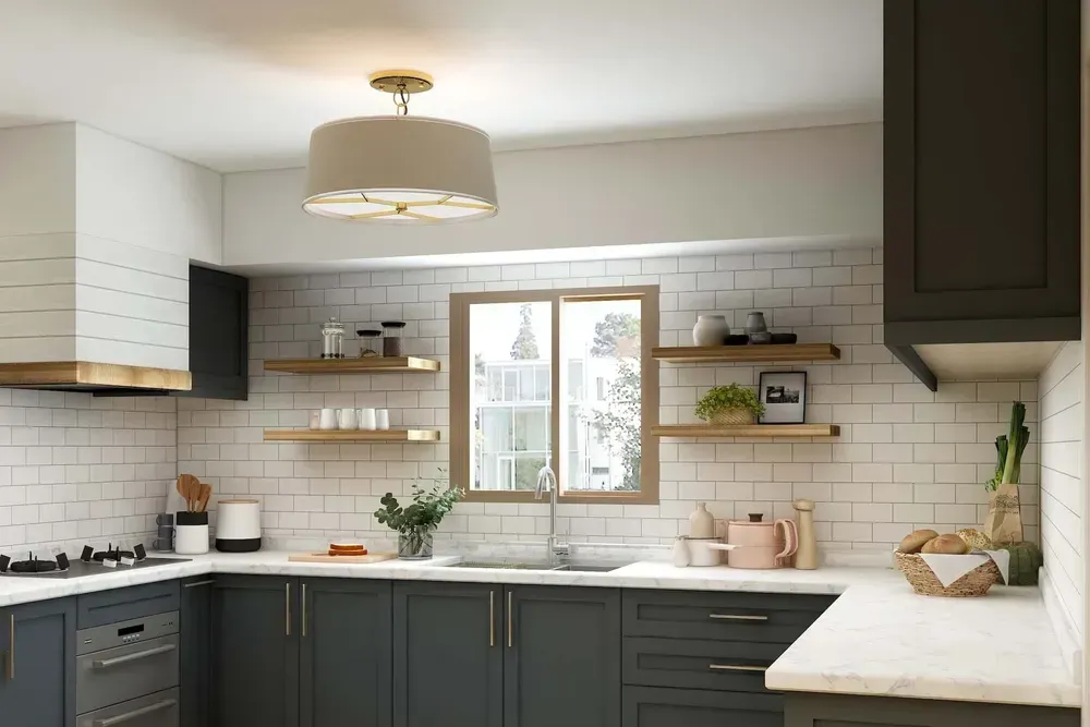 Kitchen with dark gray cabinets, white subway tile backsplash, and floating shelves.
