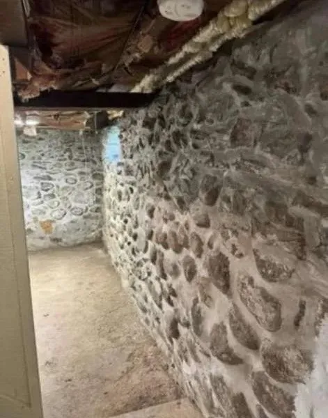 Stone basement interior with a dirt floor, showing walls, ceiling beams, and a light fixture.