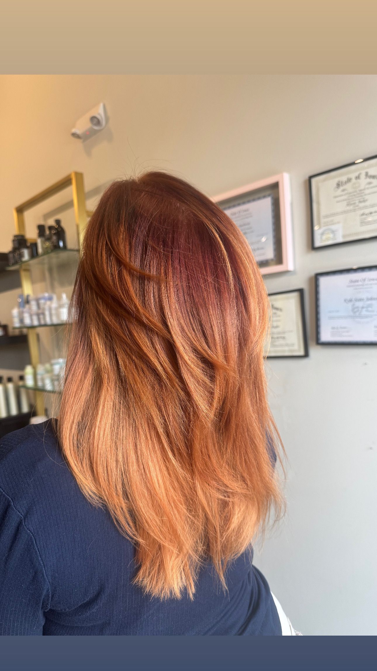 A back view of a person with long, auburn, wavy hair in a hair salon with framed certificates on the wall.