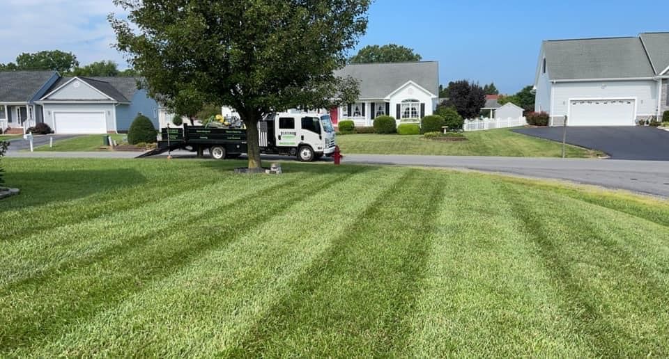 A lawn mower is cutting a lush green lawn in a residential neighborhood.