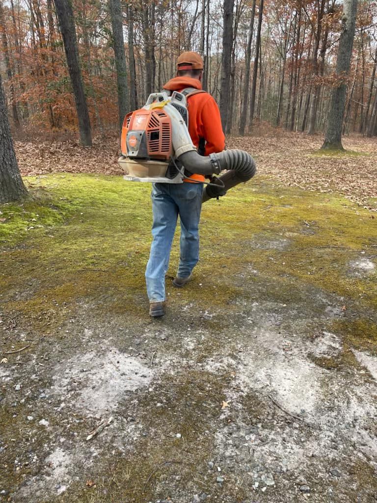 A man is carrying a backpack blower in the woods.