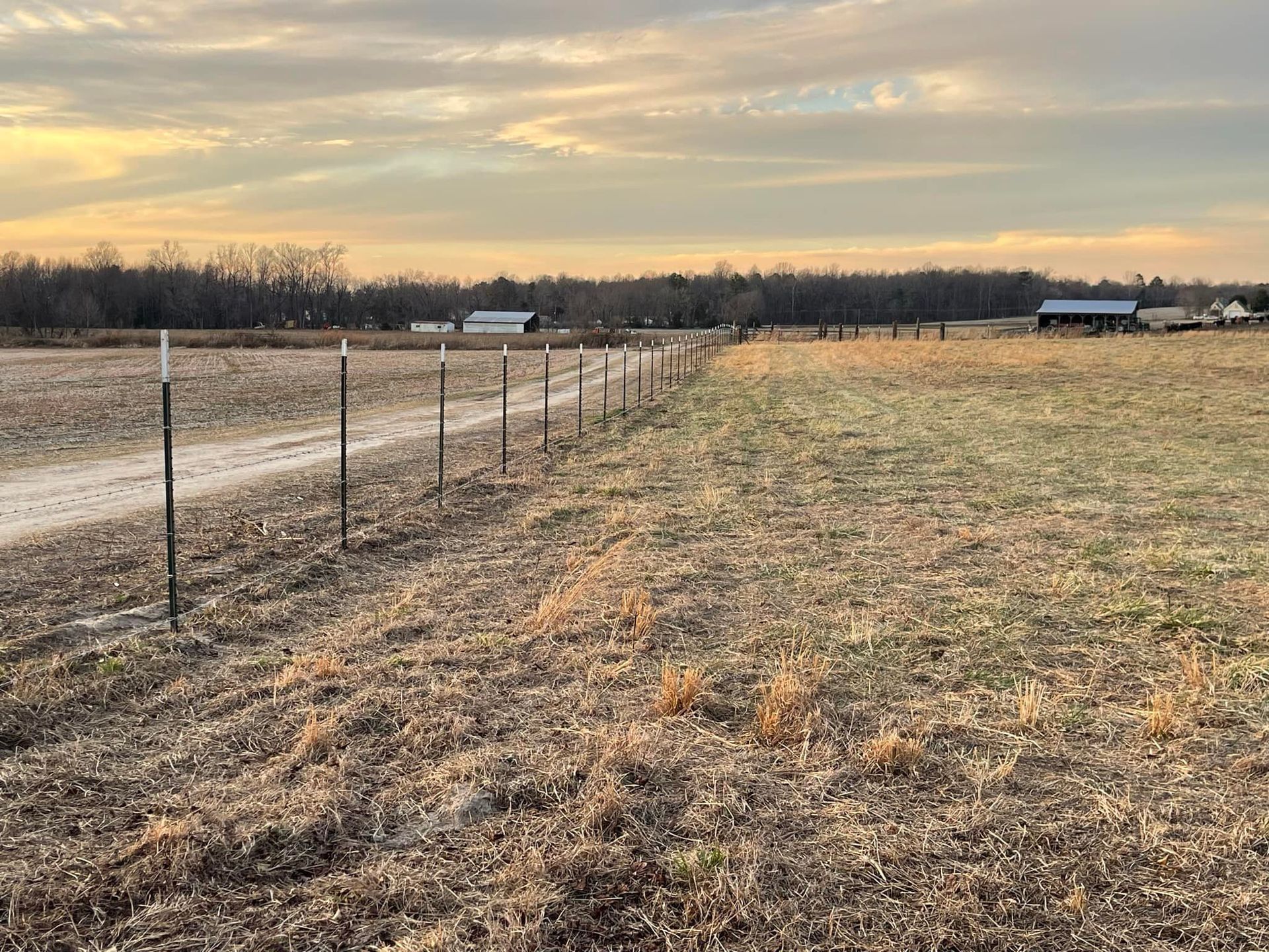 A fence surrounds a field with a dirt road going through it.