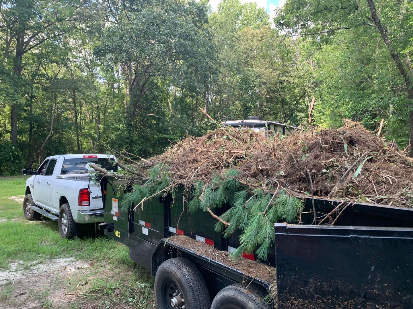 A white truck is towing a dumpster full of branches.
