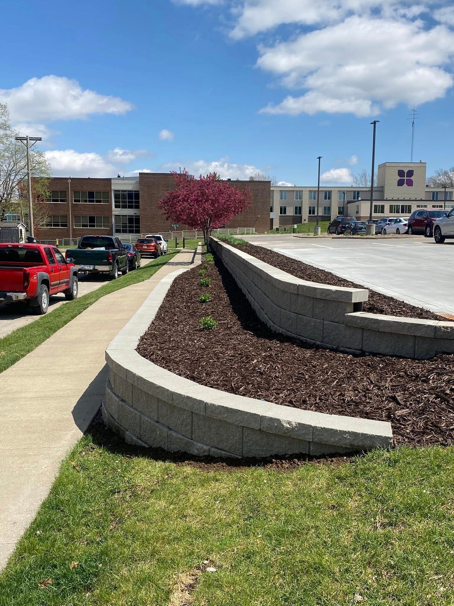 Curved retaining wall with mulch and a small tree, next to sidewalk and parking lot with a building in the background.