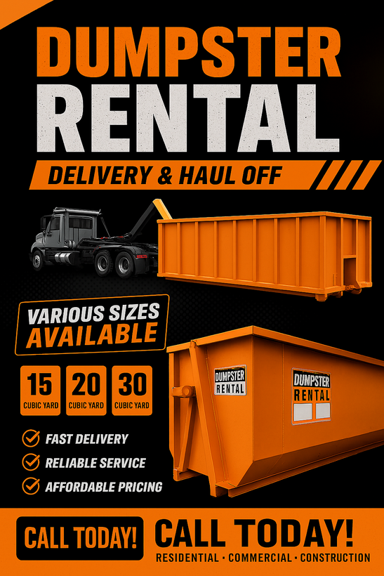 Orange and black dumpster rental ad with truck, delivery, and haul-off, sizes 15, 20, and 30 cubic yards