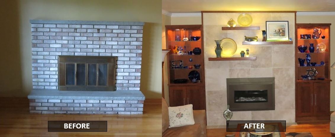 A before and after picture of a fireplace in a living room