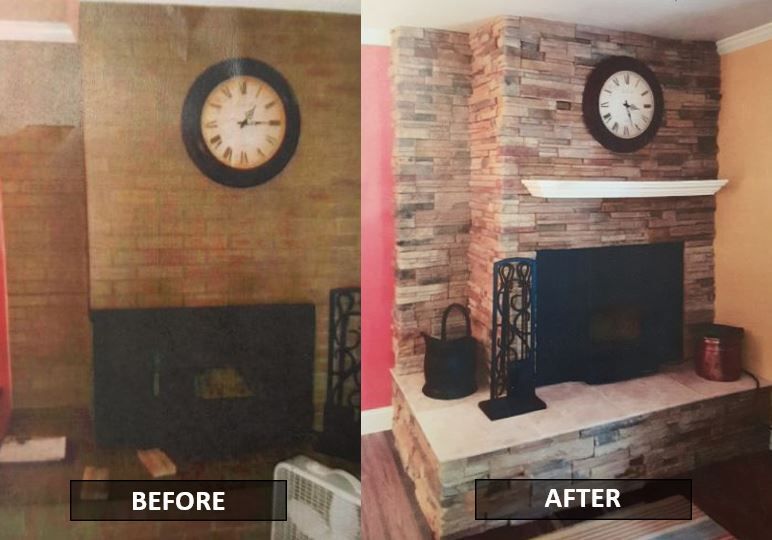 A before and after picture of a fireplace with a clock on the wall