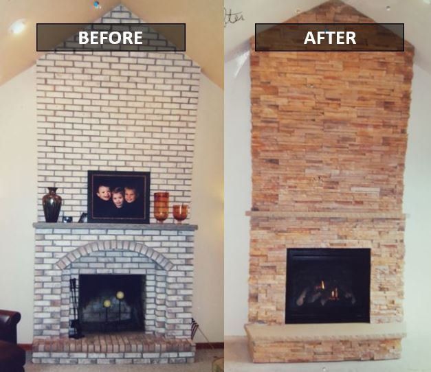 A before and after photo of a brick fireplace