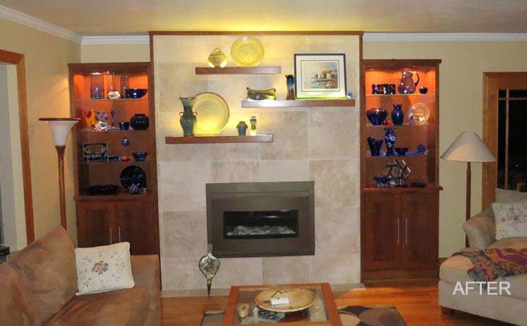 A living room with a fireplace and lots of shelves